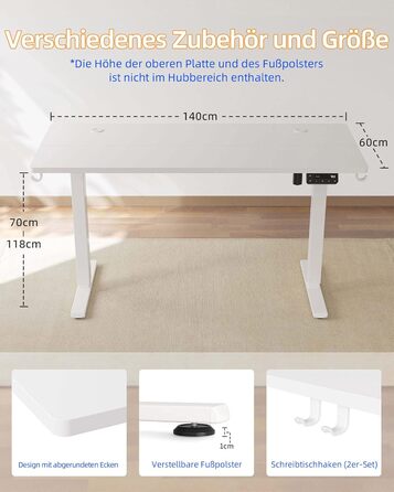 Електричний регульований стіл YIHAYO 140x60 см з пам'яттю, білий, для дому та офісу