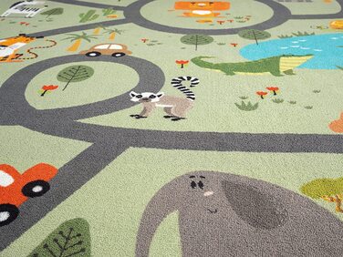 Килим для дитячої кімнати щасливе життя, дитячий килим, килимок для ігор, миється, вуличний килим, вулиця, джунглі, тварини, автомобіль, Сірий, (200 см круглої форми, джунглі зеленого кольору)