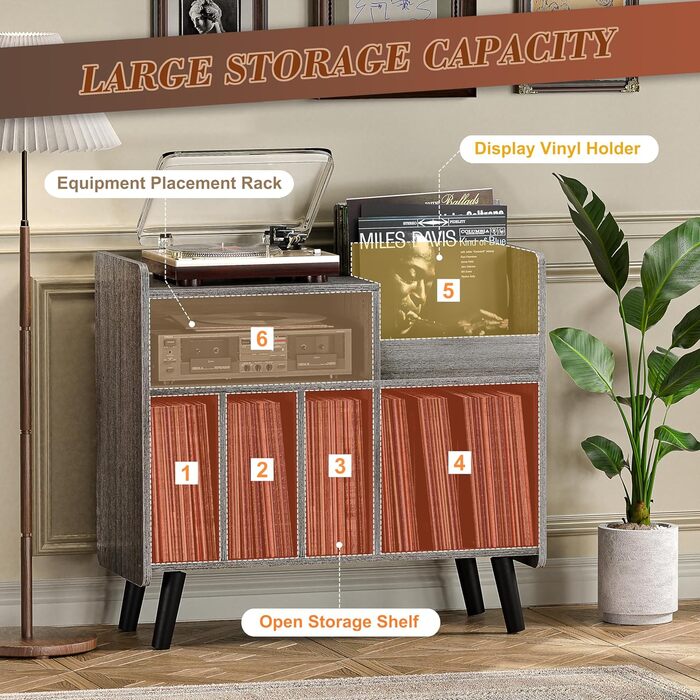 Стіл для програвача, стійка для вінілових пластинок середини століття з місцем для зберігання до 350+ альбомів, шафа для вінілу з регульованими полицями (Сірий)