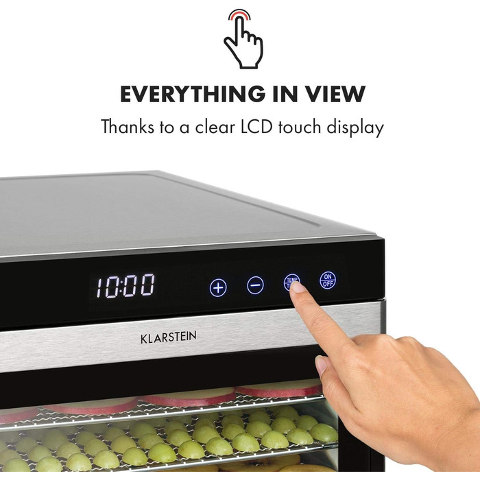Електричний дегідратор Klarstein Flavour Dry з нержавіючою сталлю, 6 решіток, LCD-дисплеєм, таймером та 360° циркуляцією повітря