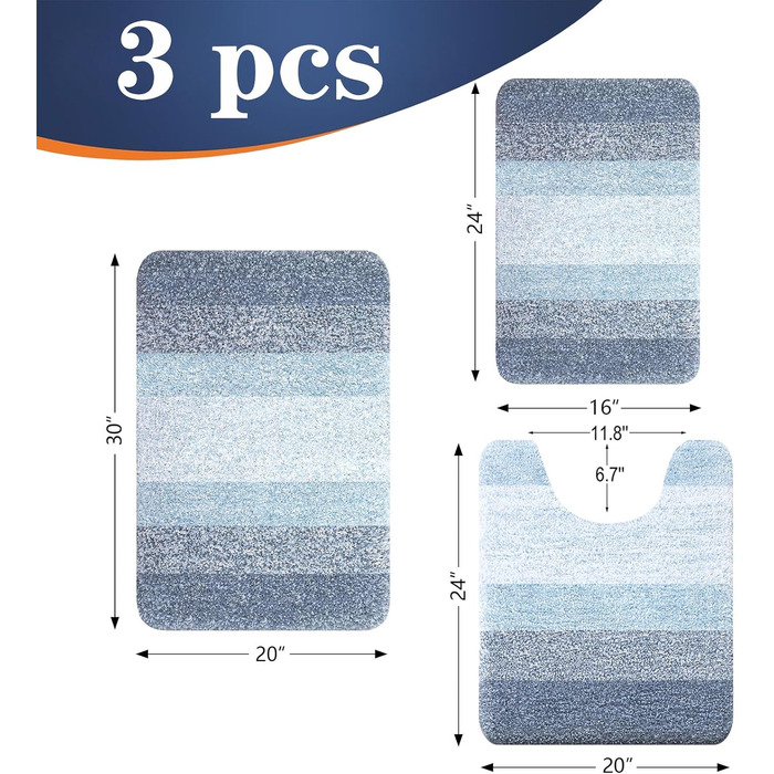 Набір килимків для ванної кімнати OLANLY: м'який, вбираючий, з мікрофібри, U-подібний килимок для унітазу, пухнастий, 3 шт., блакитний (76,2 x 50,8 см + 61 x 40,6 см + 61 x 50,8 см)