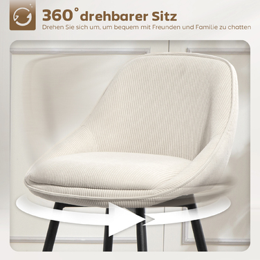 Набір з 2 барних стільців з велюровою оббивкою та сталевими ніжками, м'які стільці для кухонного острова, їдальні, кремовий колір