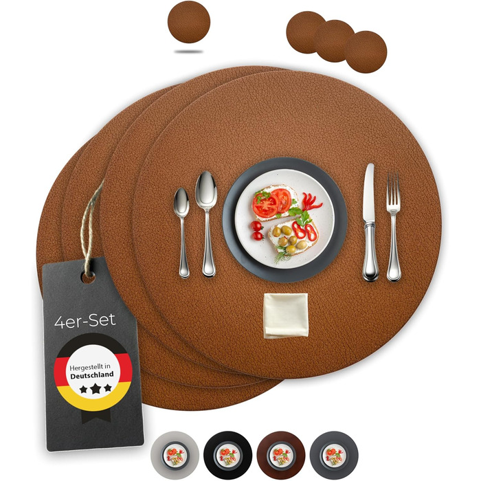 Набори серветок Garnier® з екошкіри, 4 шт. – Миючі, стійкі, з антиковзаючим покриттям – З екологічної переробленої шкіри, Made in Germany (круглі)