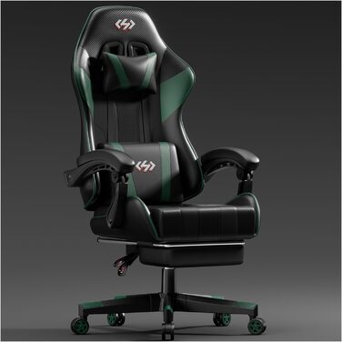 HLONONE Ігровий крісло, ергономічний геймерський крісло з кишеньковим пружинним матрацом, гоночний крісло для геймерів з підніжкою, підтримкою попереку, регульоване офісне крісло, вантажопідйомність 150 кг, PC крісло (Чорний-зелений)