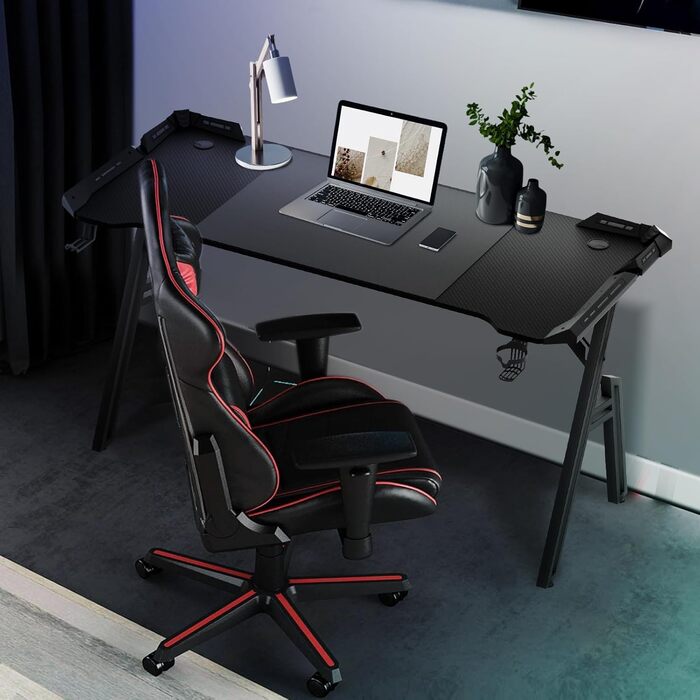 Ігровий стіл 120x60 см, A-Frame, з тримачем для напоїв та гачком для навушників, карбонове покриття, стабільний, ергономічний для дому та офісу, з LED підсвічуванням (140x60 см)