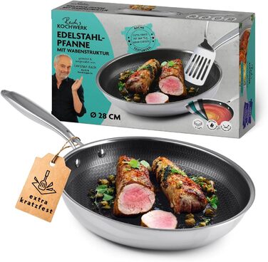 Сковорода Kochwerk Rachs з рифленою поверхнею ⌀28 см | Сковорода з нержавіючої сталі з антипригарним покриттям та високим бортиком | Підходить для всіх типів плит | Стійка до подряпин та придатна для духовки | З рецептами ⌀28 см