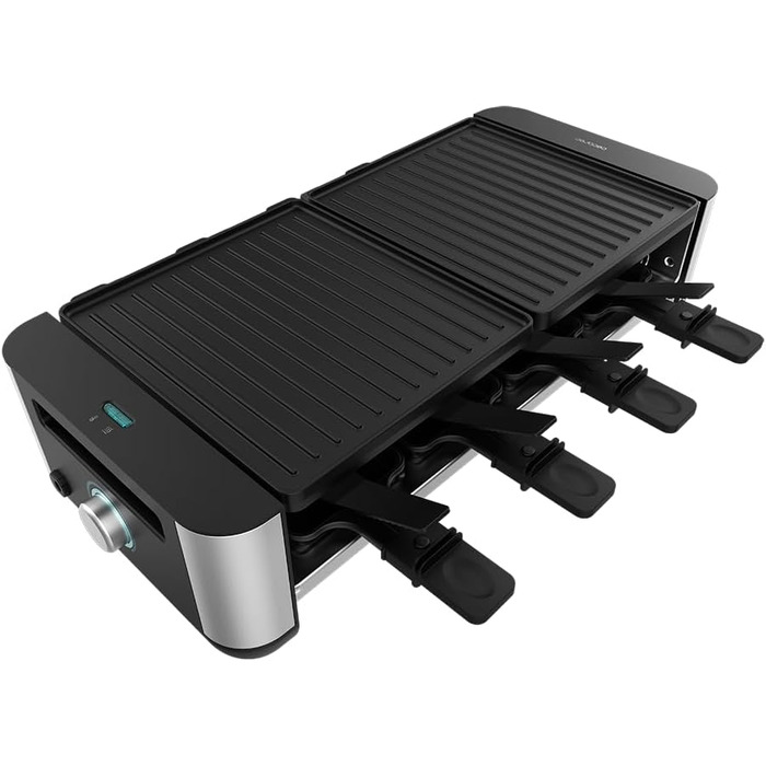 Електричний гриль-рашетниця Cecotec Raclette Cheese&Grill 16000 Inox Black для 8 осіб, 1400 Вт, з регулюванням температури та антипригарним покриттям, 40 x 22 см, 8 сковородок та 8 лопаток