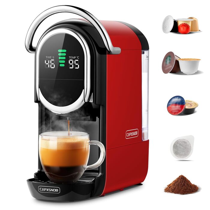Кавомашина Magician1 Mini Kapselmaschine 5в1 для Nespresso, Dolce Gusto, Lavazza A Modo Mio, ESE 44, кавової гущі | 20 бар, 1450 Вт, LED-дисплей, 7 рівнів води | для дому та офісу, червона