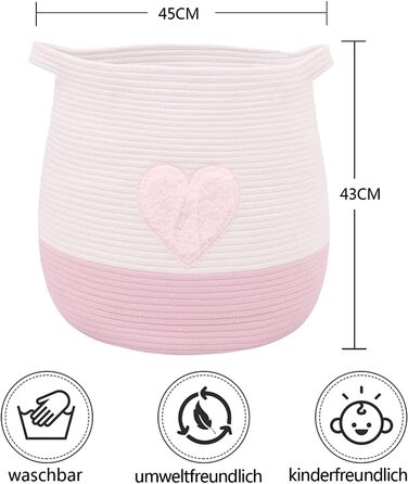 Великий кошик з бавовняного шнура, плетений кошик для іграшок, білизни та ковдр, організатор, круглий кошик для подарунків з ручками для дитячої кімнати, 45x43 см, Рожевий