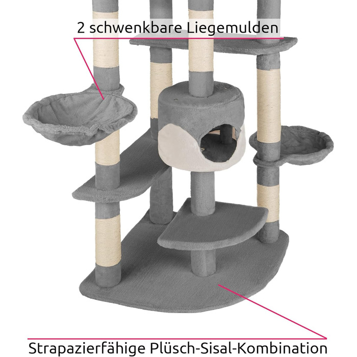 Кігтеточка для кішок tectake XXL для котів, з аксесуарами, лежачий лоток, 2 котячі печери, мотузка з сизалю, стеля висока - сірий/білий