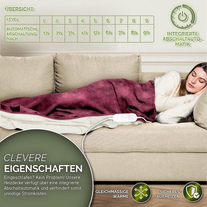 Електрична ковдра з таймером 200x180 см | 9 температурних режимів | Ковдра для ліжка та дивану | Електрична ковдра з цифровим дисплеєм (180x130 см, Бордовий)