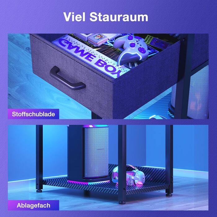 Ігровий стіл Coleshome з LED-підсвічуванням 120x48 см, з шухлядами та полицею, з підставкою для навушників, карбонове покриття чорного кольору