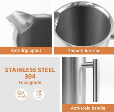 Френч-прес Dixmas для кави, нержавіюча сталь, 350 мл (2 чашки), термоізольований, двостінний