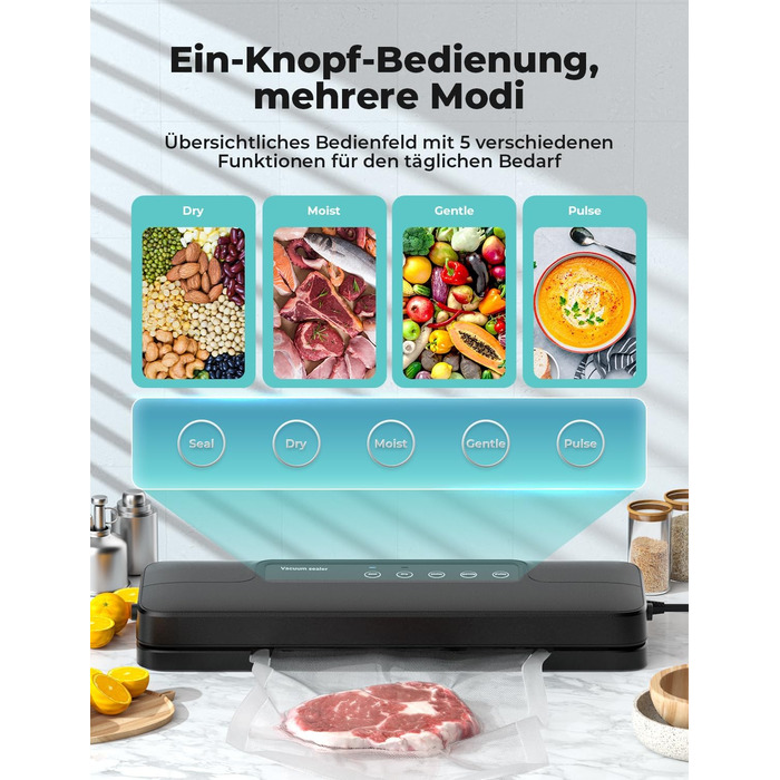Вакууматор 5 в 1 для продуктів, вакуумний пакувальник з 10 пакетами та шлангом, пристрій для запаювання пакетів (шов 30 см)