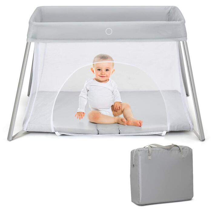 Цілісне розкладне дитяче ліжко COSTWAY, трапецієподібне дорожнє ліжко з матрацом і дверцятами на блискавці, портативний манеж з алюмінієвою люлькою, для дітей 1-3 років, з можливістю завантаження до 15 кг (світло-сірий)