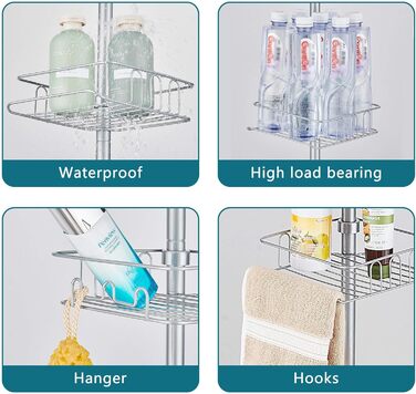 Телескопічна душова полиця HOUHA, металева кутова з 4 кошиками, регулювання висоти 73-302см, срібло