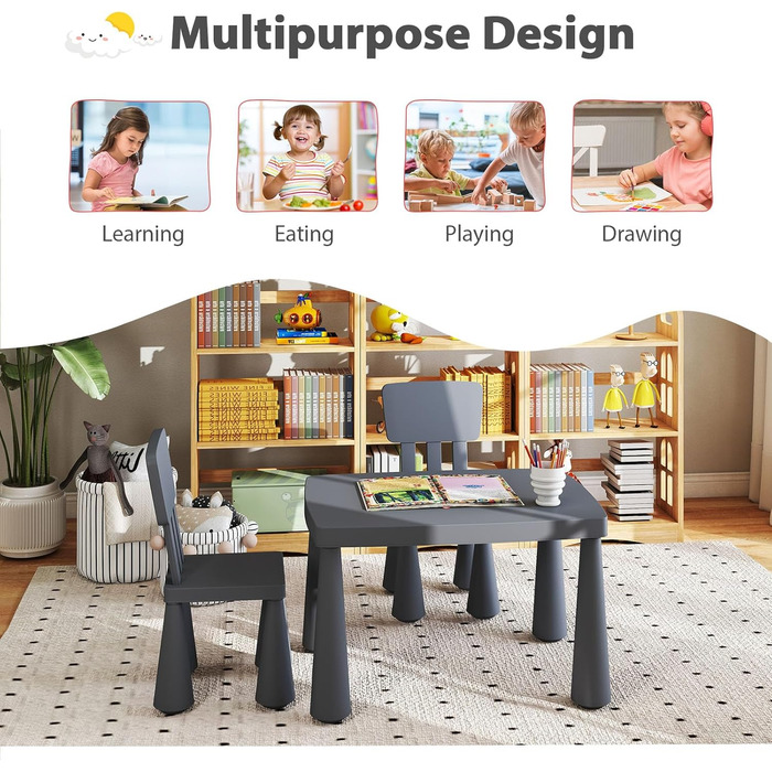 Дитячий стіл LIFEZEAL з 2 стільцями: набір меблів для дітей з пластику сірого кольору