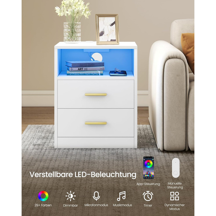 VASAGLE Custos: Набір з 2 тумбочок з LED-підсвіткою та зарядкою, білий, з шухлядами та USB-портами