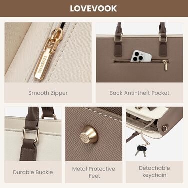 Сумка LOVEVOOK для жінок, 15.6 дюймів, лаптоп-сумка, робоча сумка, елегантна, універсальна, шкіряна, для школи, офісу, ділових поїздок (15.6 дюймів, хакі-беж)