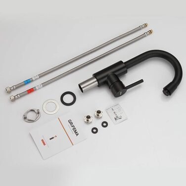 Змішувач для ванної кімнати GRIFEMA - поворотний на 360°, одноlever, нержавіюча сталь, 180 мм, гаряча та холодна вода, економія води, проста установка, з'єднання 3/8″, для гостьового туалету, G1002A (Чорний)