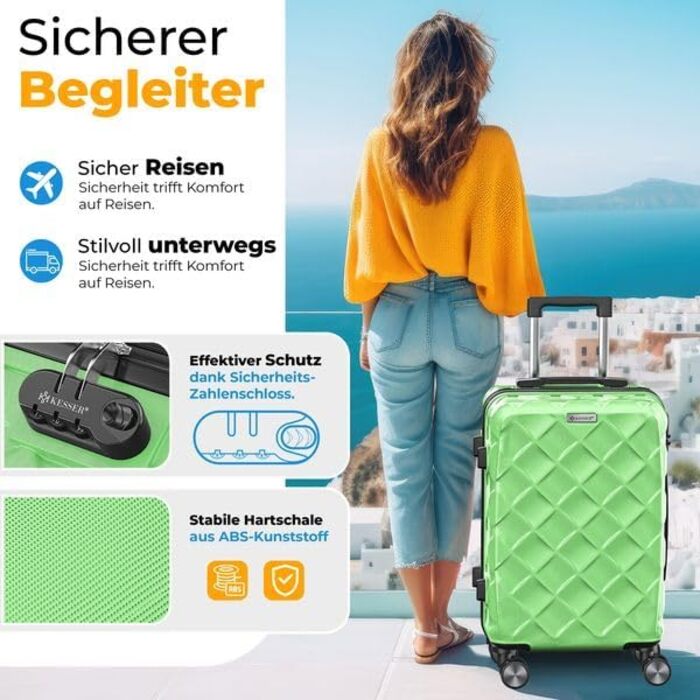 Набір валіз KESSER® 3 шт. | ABS валізи з кодовим замком, ваговою шалькою та органайзером для документів, 360° колеса | Ручна поклажа та великі валізи для подорожей та бізнесу (Apple Green)