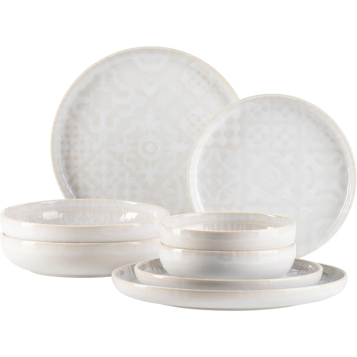 Сучасний вінтажний набір посуду на 2 персони в мавританському дизайні Обідній сервіз з 8 предметів з тарілками та мисками з високоякісної керамічної керамогранітної плитки (скандинавська форма, біла) 935079 серія плитка