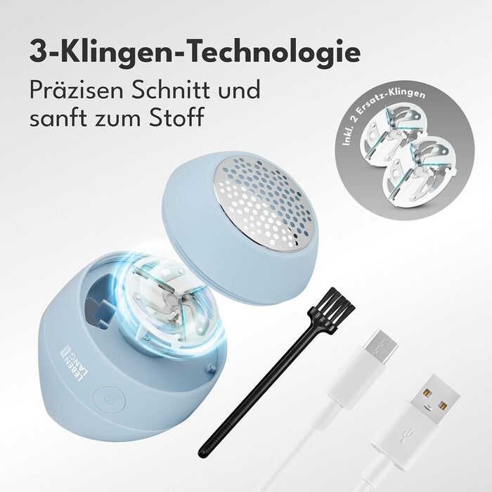 Електричний міні-фільтр для одягу LEBENLANG - з запасними лезами та пензликом для чищення | Видалення ворсу та пуху | Підходить для вовняних виробів (Блакитний, 400mAh)