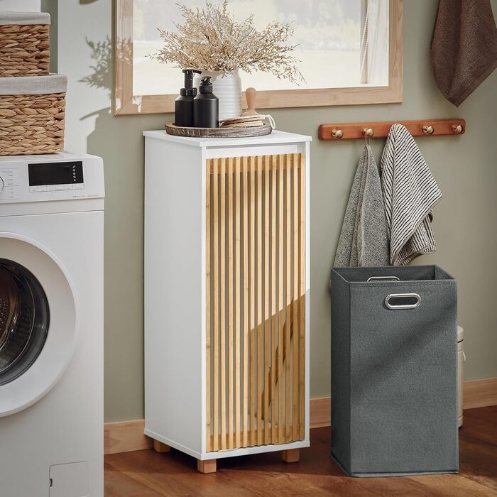 Тумбочка у ванну кімнату SoBuy, вузька, 33x165x33 см, з бамбуковими дверцятами, білий колір, для зберігання речей