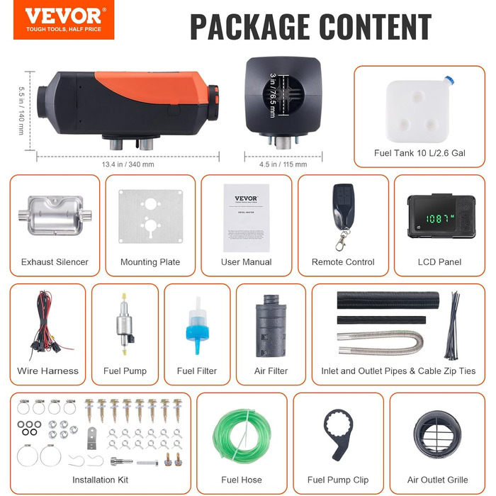 Дизельний повітряний опалювач VEVOR 2kW 12/24V з LCD-дисплеєм та пультом керування для авто, фургонів, автобусів