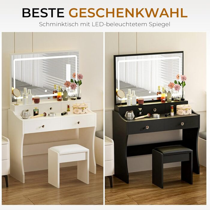 Трюмо COMHOMA з підсвічуванням, дзеркалом та прихованою LED-смугою, зі стільцем та 5 висувними ящиками, з розеткою, 3 колірні температури та регульована яскравість, білий