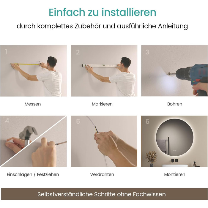 Дзеркало для ванної кімнати EMKE круглої форми з підсвічуванням 80 см – кругле дзеркало з 3 кольорами світла, регулюванням яскравості, сенсорним керуванням, функцією пам'яті та енергозбереженням. Розміри: 80 см x 80 см