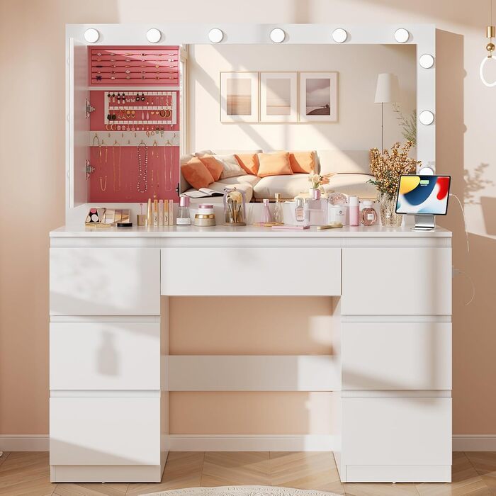 Дзеркальний туалетний столик Airfish з LED-підсвіткою та великим дзеркалом, 120x40x140 см. Туалетний столик з шухлядами та косметичним ящиком для спальні, білий