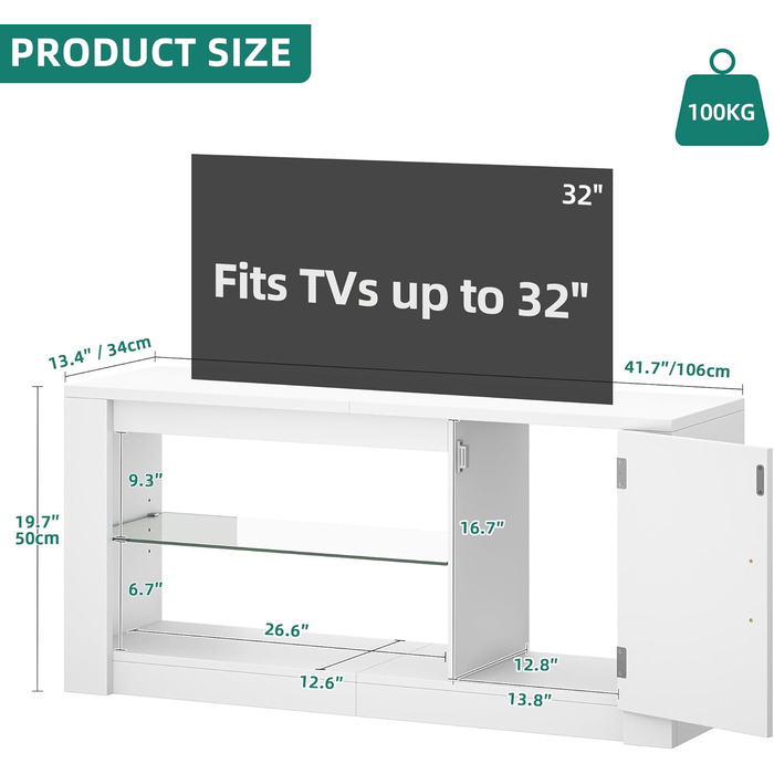 Тумба під телевізор YITAHOME з RGB-підсвіткою, білий колір, 106.5 x 34 x 51 см, для телевізорів до 43 дюймів