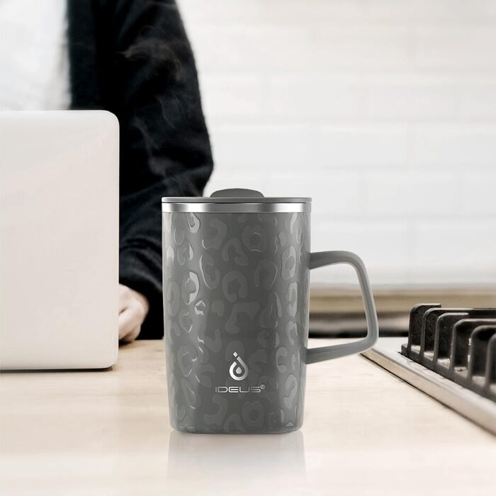 Кавова чашка Ideus® 470 мл з подвійними стінками, з нержавіючої сталі, з антиковзним ручками та кришкою-висувним модулем (Червоний Зебра, Leopard Gray)