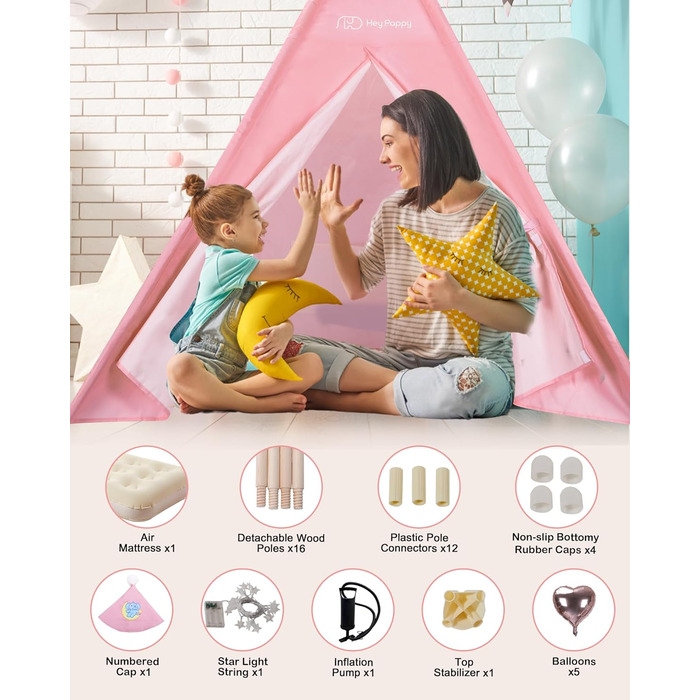 Дитяче намет-типі Heypappy з ліжком, гірляндою та кульками - ігровий будиночок для дівчаток та хлопчиків (рожевий)