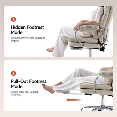 Офісний крісло EMIAH з підставкою для ніг, комфортний крісло для роботи з підлокітниками, ергономічний крісло для начальника з PU шкіри та роликами, ігровий комп'ютерний стілець з потовщеним сидінням, без функції масажу (Бежевий)