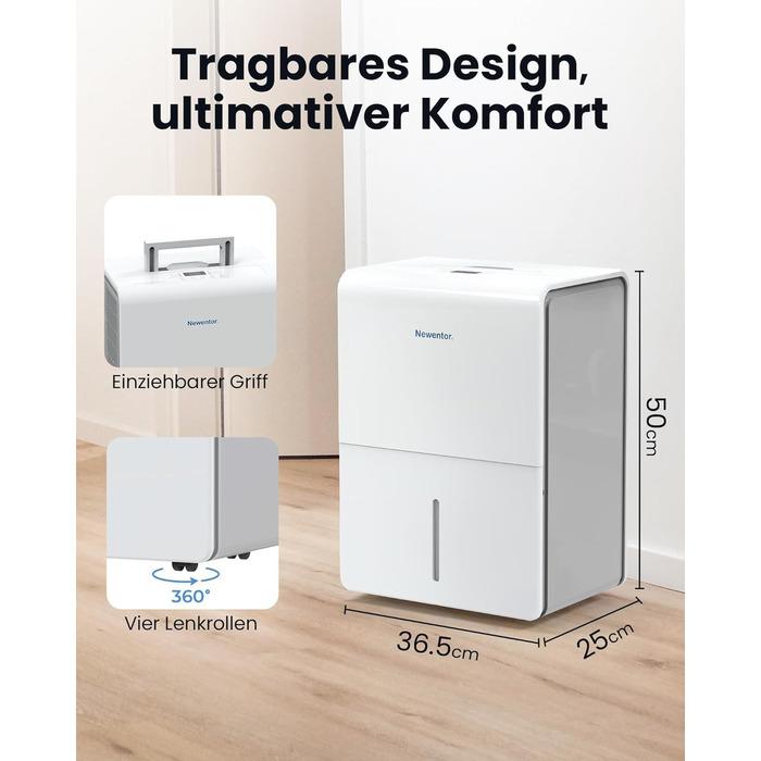 Електричний осушувач повітря Newentor 12L для підвалу, 35dB, з гофрованим шлангом 1м, для приміщень до 25м²/122м³, 10 років гарантії, фільтр, таймер, продуктивність 25л/день
