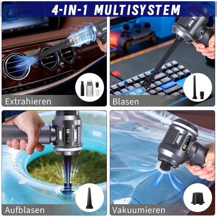 Акумуляторний ручний пилосос Citybee 4 в 1, бездротовий автомобільний та домашній пилосос 25000Па, безщіточний двигун, 3 режими потужності, для шерсті тварин, сірий