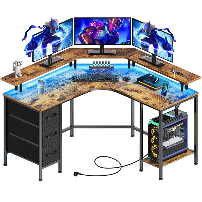 Ігровий кутовий стіл Seventable L-подібний з LED підсвіткою, розетками та 3 текстильними шухлядами, 135x135x88 см (Вінтажний коричневий)