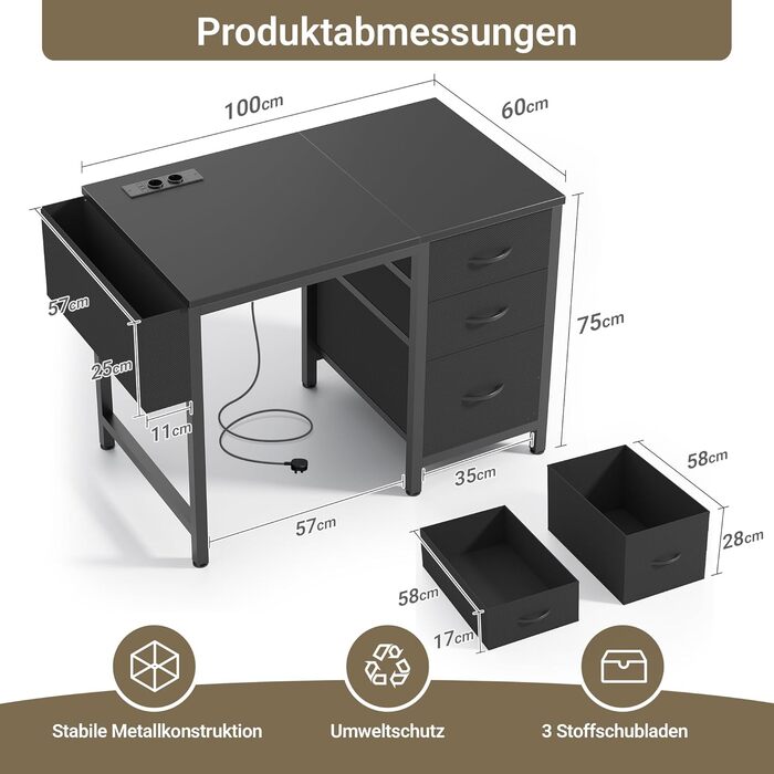 Комп'ютерний стіл Claiks з 3 шухлядами, 100x60 см, з розетками та USB, для дому та офісу, чорний