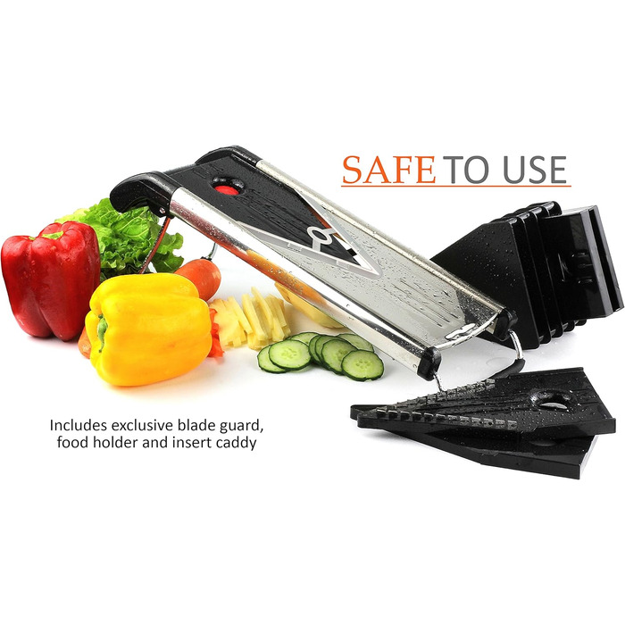 Мандоліна для нарізання овочів Chef's INSPIRATIONS з V-подібною лезою, овочевий терт, слайсер та джигунер. В комплекті 6 насадок, щітка для чищення та захисний рукавичка. Нержавіюча сталь.