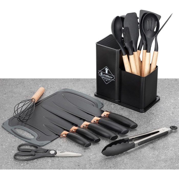 Набір кухонних ножів EliteHoff 19 предметів: 5 ножів, 12 аксесуарів, дошка та підставка. Силіконові кухонні аксесуари з дерев'яними ручками, безпечні для харчових продуктів, придатні для миття в посудомийній машині, чорного кольору (E-6069)