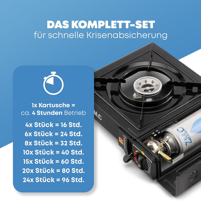 Набір для кемпінгу Z.M.C. Gaskocher: одноконфорочний газовий пальник з адаптером для LPG, кейсом, картриджами 227г та грилем. Підходить для відпочинку на природі та в приміщенні. Має п'єзозапалювання.
