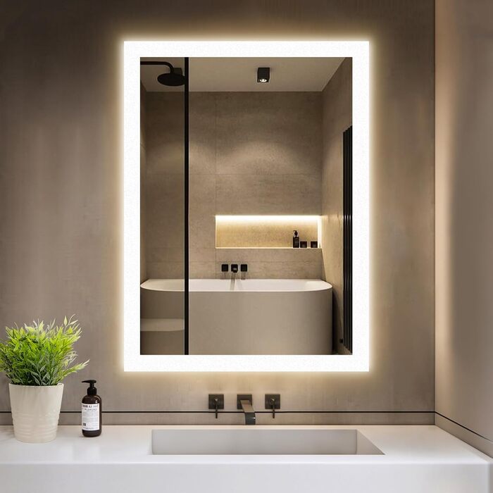 Дзеркало для ванної кімнати GIMBELEN з підсвічуванням LED, антизапар, 2 кольори світла (3000K/6500K), функція пам'яті, прямокутна форма, 50 x 70 см