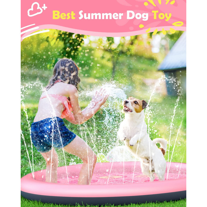 Басейн для собак Peteast для великих і маленьких собак і дітей 59 складна спринклерна площадка для бризок, протиковзка іграшка для води для собак товщиною 0,58 мм, екологічно чиста, довговічна (67 дюймів, рожевий пончик)