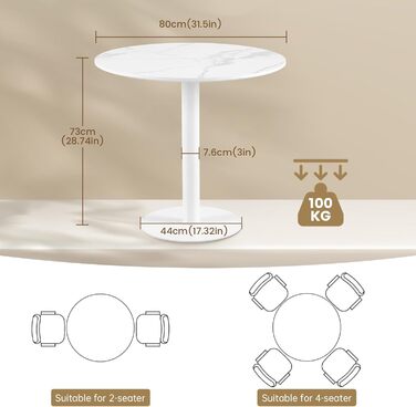 Круглий обідній стіл для кухні, вітальні, балкону. Білий стіл 70x70 см з мармуровою стільницею та прямою ніжкою