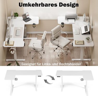 Кутовий стіл з регулюванням висоти 150x100 см, електричний, ергономічний, білий. З підстаканниками та гачками.