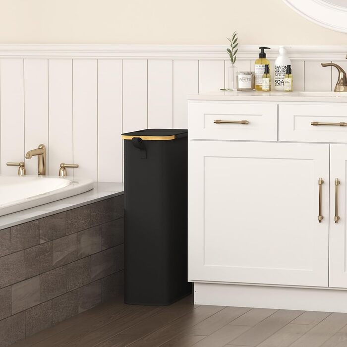 Кошик для білизни Lifewit з кришкою, вузький, складаний, 65л, бамбук, з ручкою, чорний