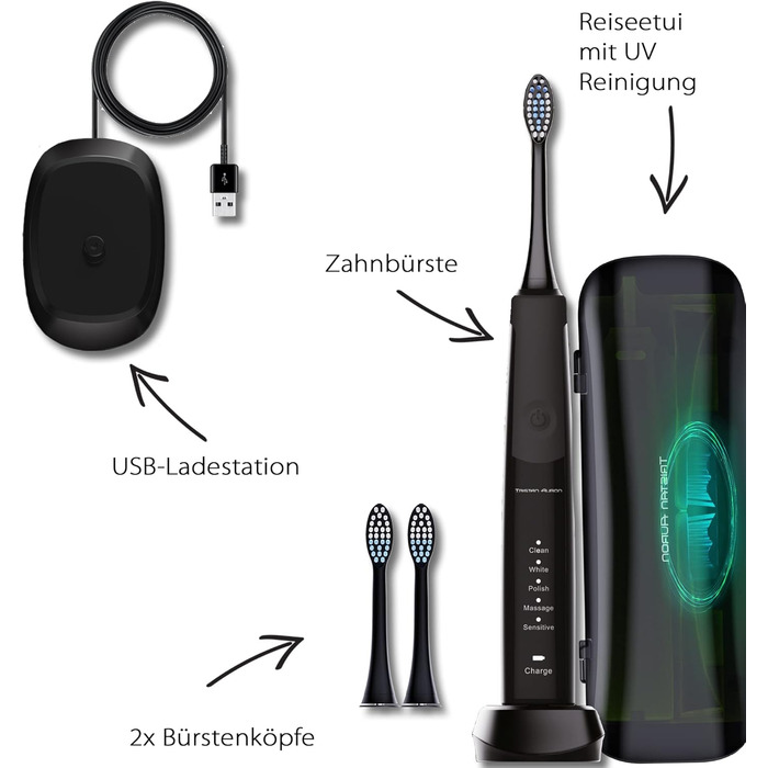 Електрична зубна щітка Tristan Auron SonicMaster - 55,000 вібрацій, 5 режимів, 60 днів акумулятора, UV-стерилізатор, 6 насадок (F + 6 насадок + UV-case)