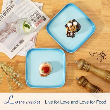 Обідній сервіз LOVECASA, набір з 4 квадратних керамічних обідніх тарілок, плоскі тарілки, набір тарілок для сніданку на 4 особи, 25,5 x 25,5 x H2,5 см, (небесно-блакитний, тарілки для торта з 4 предметів)
